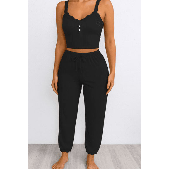Women's Ribbed, Lace Trim Two-Piece Pajama Set, Black, Large