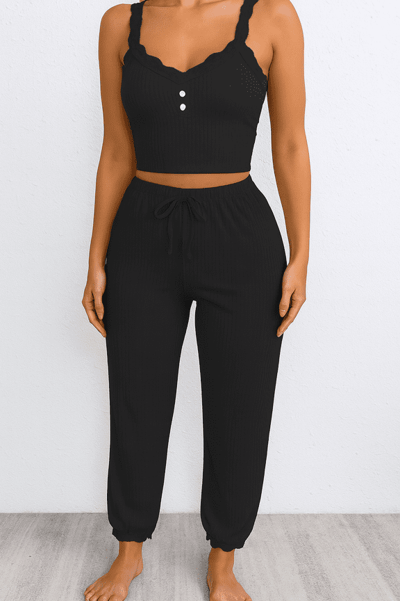 Women's Ribbed, Lace Trim Two-Piece Pajama Set, Black, Large