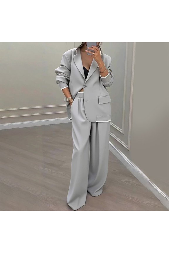 Women's Ribbed Lapel Blazer and Elastic Waist Pants Set, Casual Suit Outfit, Loose Fit Trousers, Oversized Blazer, Two Piece Matching Set Grey XXXL