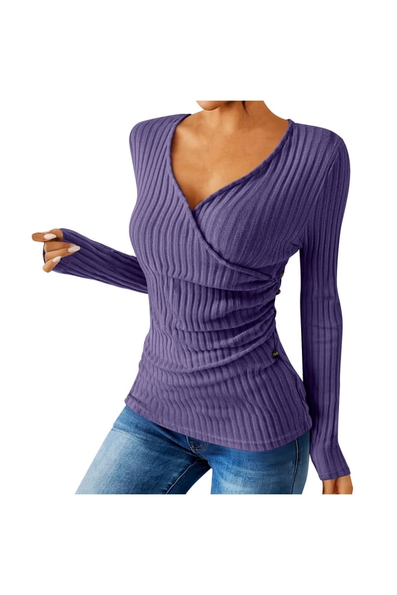Women's Ribbed Long Sleeve Blouse V-Neck Front Cross Top Side Ruches Casual Trendy Slim Fit Shirt