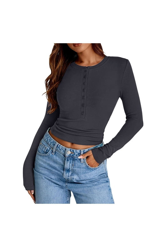 Women's Ribbed Long Sleeve Crew Neck Button Down Casual Basic Slim Fit T-Shirt Top Comfortable Stretchy Soft Fabric