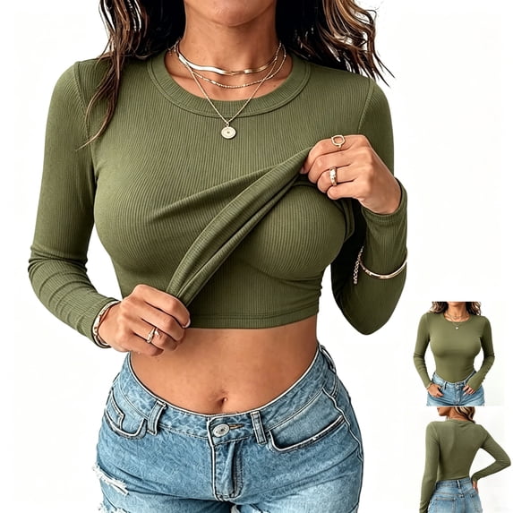 Women's Ribbed Long Sleeve Crew Neck Crop Top, Slim Fit Stretchy Basic Casual Cropped Tee Shirt