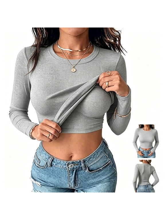 Women's Ribbed Long Sleeve Crew Neck Crop Top, Slim Fit Stretchy Basic Casual Cropped Tee Shirt