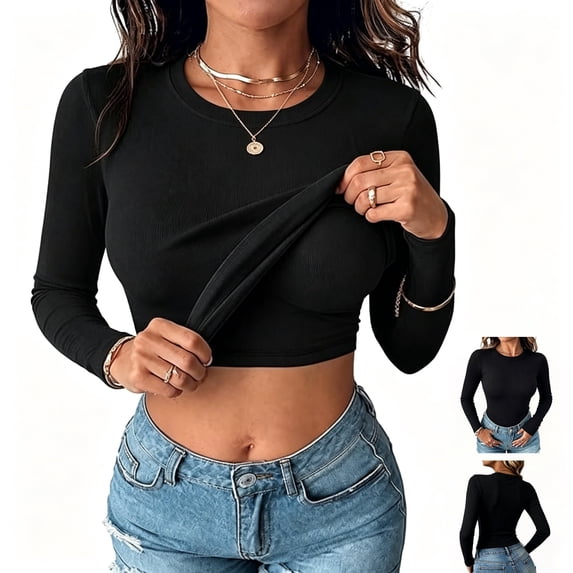 Women's Ribbed Long Sleeve Crew Neck Crop Top, Slim Fit Stretchy Basic Casual Cropped Tee Shirt