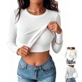 thumbnail image 1 of Women's Ribbed Long Sleeve Crew Neck Crop Top, Slim Fit Stretchy Basic Casual Cropped Tee Shirt, 1 of 2