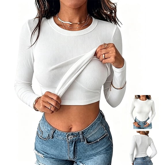 Women's Ribbed Long Sleeve Crew Neck Crop Top, Slim Fit Stretchy Basic Casual Cropped Tee Shirt