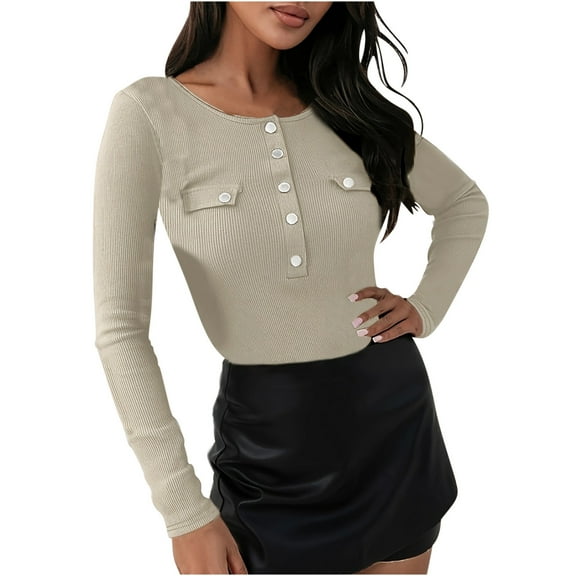 Women's Ribbed Long Sleeve Crew Neck Slim Fit Stretchy Basic T Shirts Tops Button Up Henley Shirts Fall Clothes