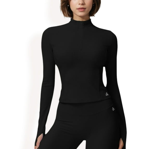 Women's Ribbed Long Sleeve Half-Zip Activewear Top - Small, Black