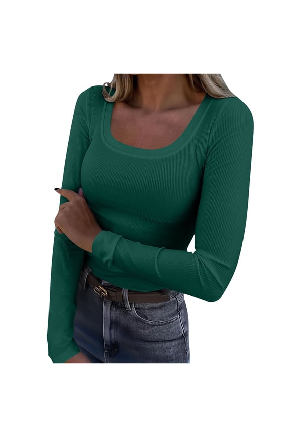 Women's Ribbed Long Sleeve Shirt Slim Fitted U-Neck Layering Top Solid Color Casual Shirt for Office Casual