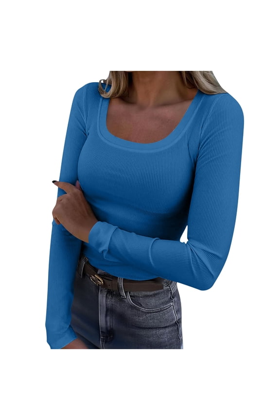 Women's Ribbed Long Sleeve Shirt Slim Fitted U-Neck Layering Top Solid Color Casual Shirt for Office Casual