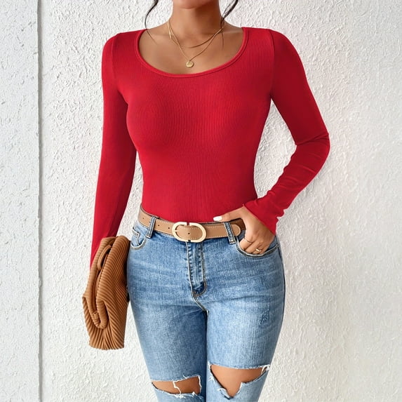 Women's Ribbed Long Sleeve T-Shirts Casual Crew Neck Slim Fit Shirt Soft Stretch Base Tops