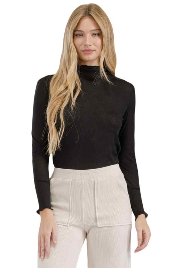 Women's Ribbed Long Sleeve Top with Lettuce Trims, Black, SM