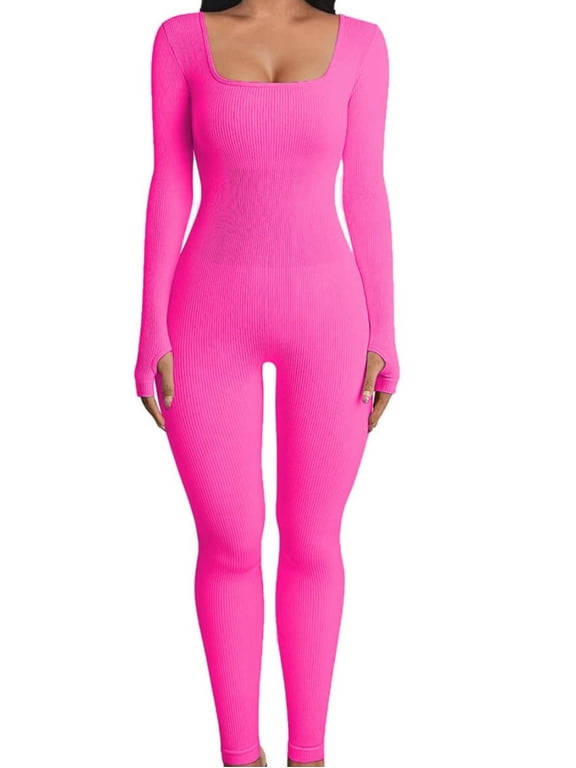 Women's Ribbed Long Sleeve Yoga Jumpsuit, Square Neck One Piece Workout Bodysuit for Fitness and Activewear
