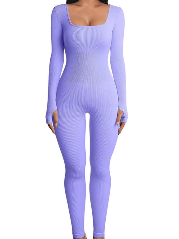Women's Ribbed Long Sleeve Yoga Jumpsuit, Square Neck One Piece Workout Bodysuit for Fitness and Activewear