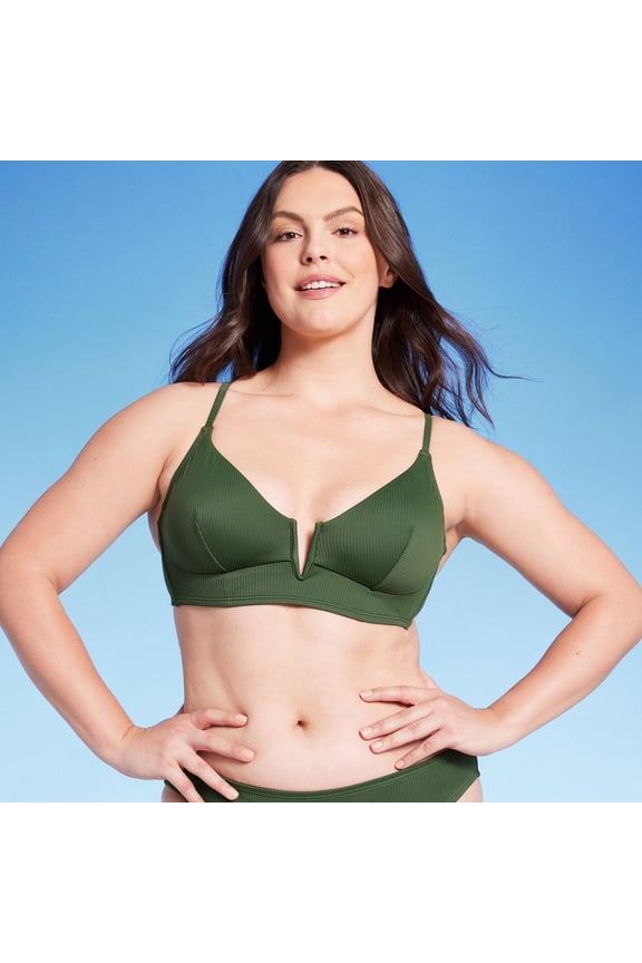 Women's Ribbed Longline V-Wire Bikini Top - Shade & Shore Dark Green Size 32A