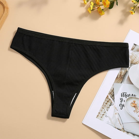 Women's Ribbed Low Waisted Thong Panties, Soft Stretchy Casual Seamless Cotton Underwear Black Women Panties L