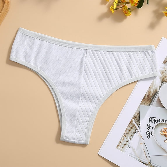 Women's Ribbed Low Waisted Thong Panties, Soft Stretchy Casual Seamless Cotton Underwear White S