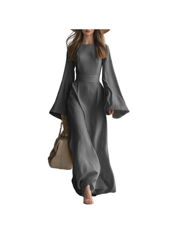Women's Ribbed Maxi Dress, Crew Neck Long Bell Sleeve Slim Fit Maxi Dress, Winter Casual Elegant Ruched Wedding Guest Dresses