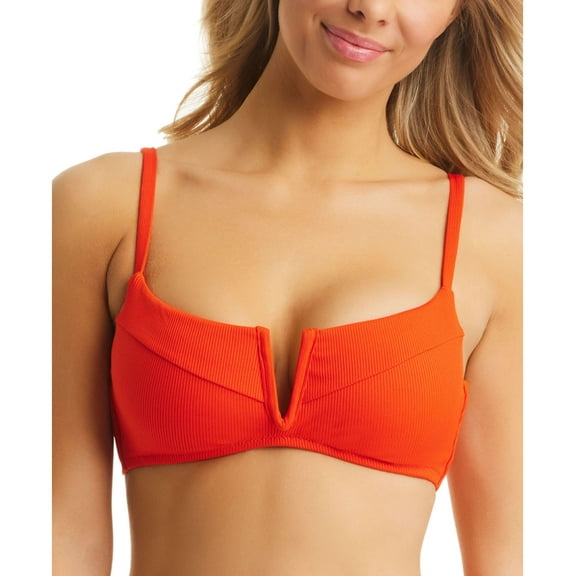Women's Ribbed Notch-Front Bikini Top Hot Tamale Red L