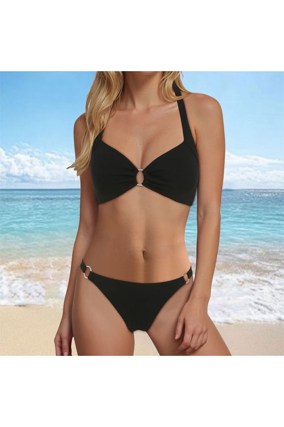 Women's Ribbed O Ring String Bikini Swimsuit Thong Swimwear Two Pieces Bathing Suit