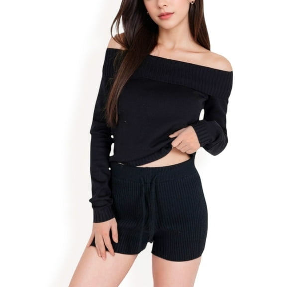 Women's Ribbed Off-the-Shoulder Long Sleeve Top and Sweater Knit Shorts Set with Drawstring Waist for Cozy Casual Style - Small, Black