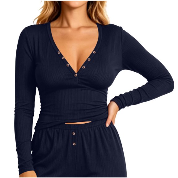 Women's Ribbed Pajama Set, Long Sleeve V-Neck Crop Top & Shorts, Button Detail Loungewear for Cozy Sleepwear & Everyday Comfort