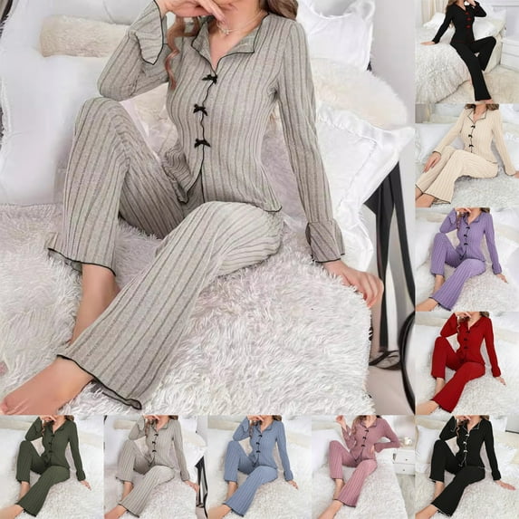 Women's Ribbed Pajama Set V Neck Pullover Long Sleeve Top with Comfort Pants Matching Loungewear