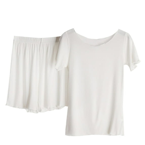Women's Ribbed Pajamas Sets Casual Soft Crewneck Short Sleeve Tops and Shorts 2 Piece Outfits Sleepwear Pjs
