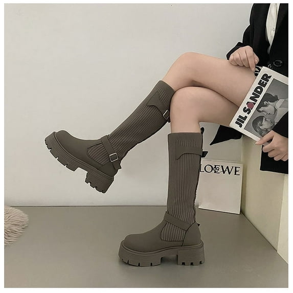 Women's Ribbed Platform Boots Round Toe High Heel Casual Boots Long Shaft Boots