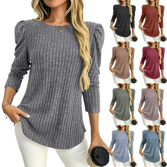 Women's Ribbed Puff-Sleeve Blouse Loose Crewneck Long Sleeve Dressy Top Solid Color Casual Top for Daily Outings & Weekend Shopping