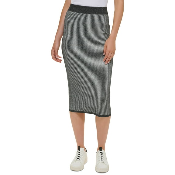 Women's Ribbed Pull-On Close-Fitting Midi Skirt Black/White XXS
