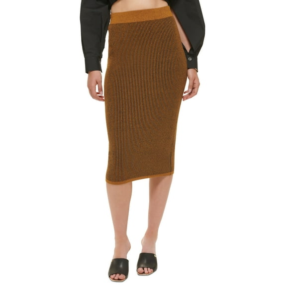 Women's Ribbed Pull-On Close-Fitting Midi Skirt Roasted Pecan/Black L