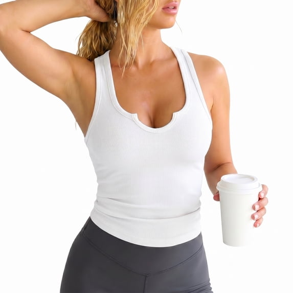 Women's Ribbed Racerback Tank Tops, Soft Stretchy Sleeveless Scoop Neck Notch Cropped Tops for Yoga Workout Daily Wear