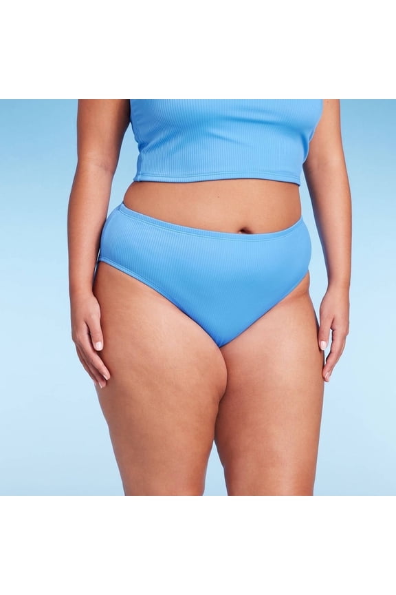Women's Ribbed Scoop Front High Leg Cheeky Bikini Bottom Blue 1X