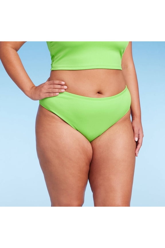 Women's Ribbed Scoop Front High Leg Cheeky Bikini Bottom Green X