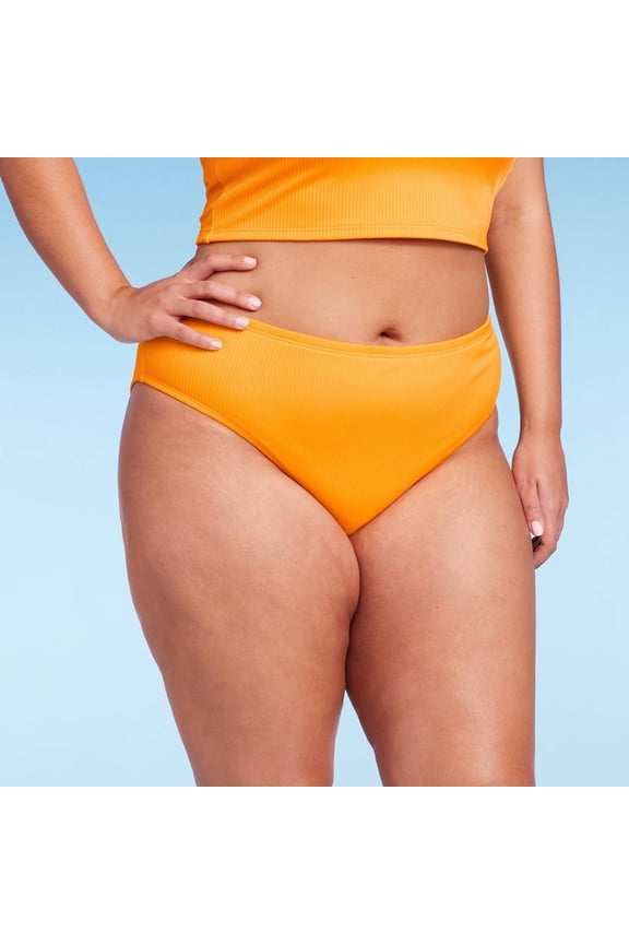 Women's Ribbed Scoop Front High Leg Cheeky Bikini Bottom Orange 1X