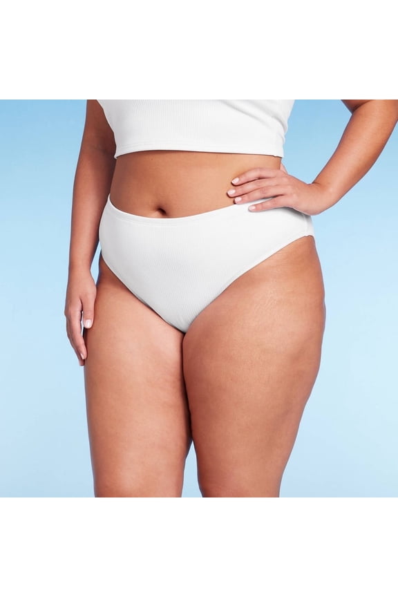 Wild Fable Women's Ribbed Scoop Front High Leg Cheeky Bikini Bottom White 2X