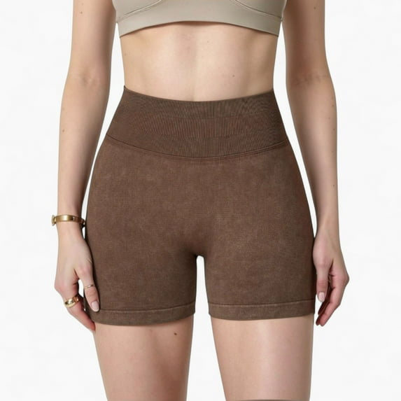 Women's Ribbed Seamless Biker Shorts with Stretch Fabric and Smooth Fit - Large, Brown
