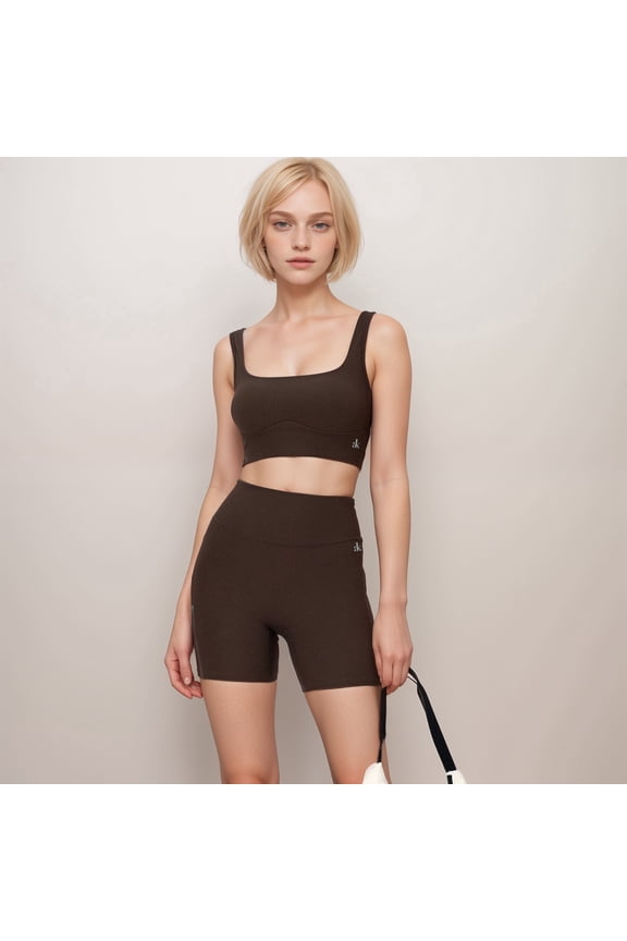 Women's Ribbed Seamless Scoop Neck Crop Top with Wide Straps and Subtle Contour Stitching - Small, Brown