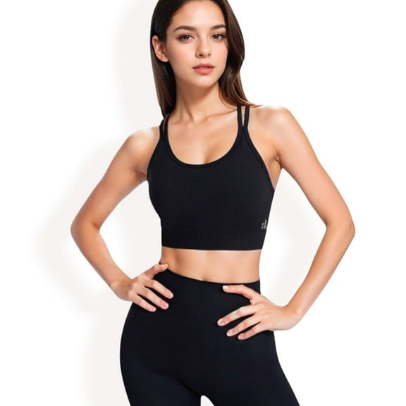 Women's Ribbed Seamless Sports Bra with Crisscross Back - Large, Black