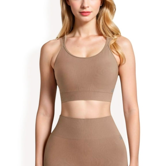 Women's Ribbed Seamless Sports Bra with Crisscross Back - Small, Khaki