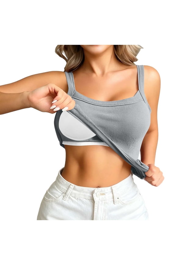 Women's Ribbed Shelf Bra Camisole Summer Soft Square Neck Sleeveless Undershirt Stretch Comfy House Loungewear Gray