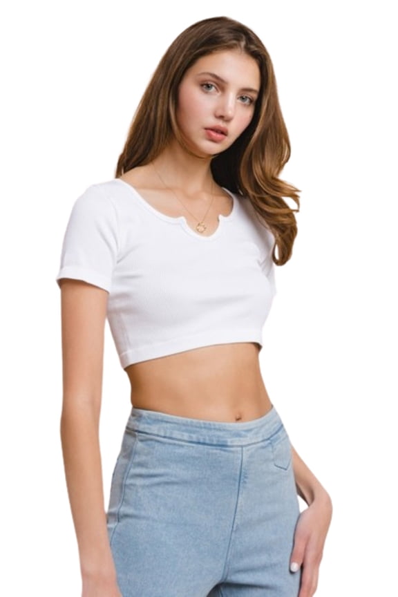 Women’s Ribbed Short Sleeve Cropped Top, White, ML