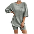 thumbnail image 1 of Women's Ribbed Short Sleeve Top and Shorts 2 Piece Loungewear Set Comfortable Casual Outfit with Pockets Stylish Summer Wear, 1 of 5