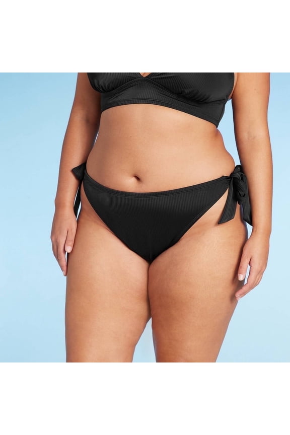 Wild Fable Women's Ribbed Side Tie Scoop Front High Leg Cheeky Bikini Bottom Black 2X