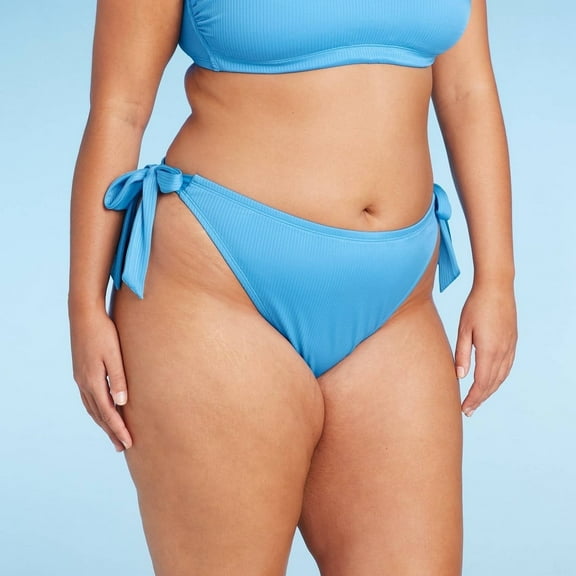 Women's Ribbed Side-Tie Scoop Front High Leg Cheeky Bikini Bottom - Wild Fable‚Ñ¢ Blue 1X