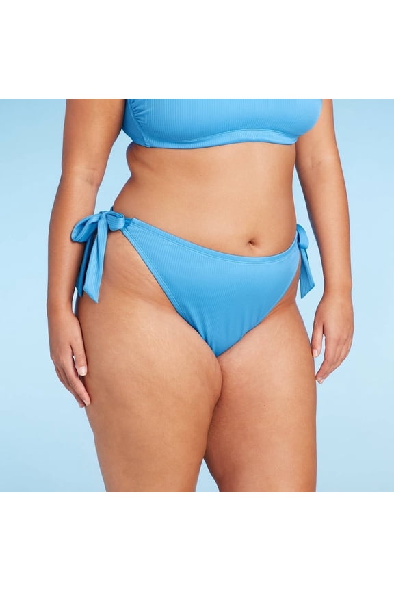 Women's Ribbed Side-Tie Scoop Front High Leg Cheeky Bikini Bottom - Wild Fable Blue 1X