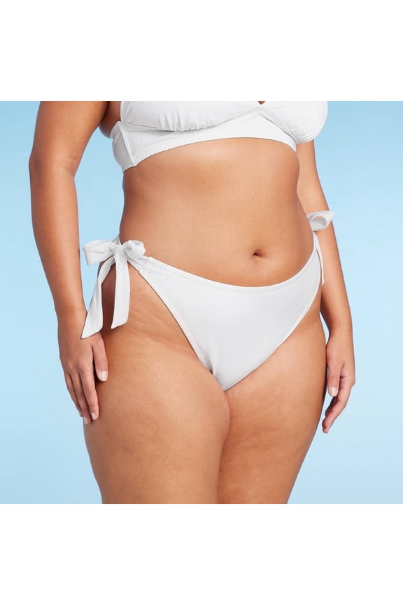 Women's Ribbed Side-Tie Scoop Front High Leg Cheeky Bikini Bottom - Wild Fable White X