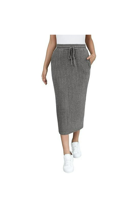 Women's Ribbed Skirts Stretchy Knit High Waisted Midi Skirt with Pockets Womens Long Pencil Full Length Skirts Casual Skinny Drawsting Elastic Waist Bodycon