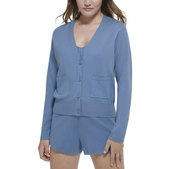 Women's Ribbed-Sleeve Button-Front Cardigan Stormy Blue M